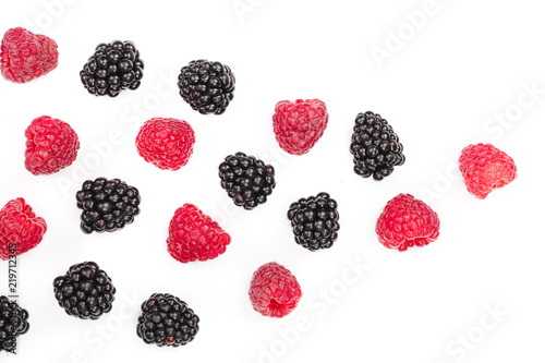 blackberry and raspberry isolated on white background. Top view with copy space for your text. Flat lay pattern