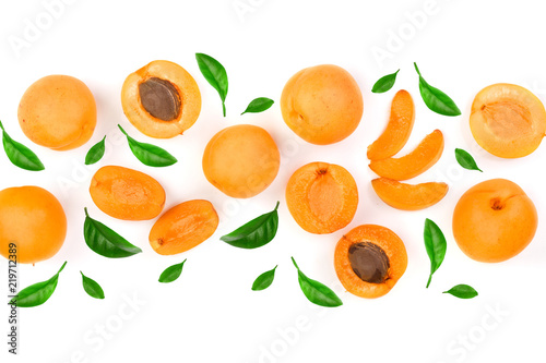 Apricot fruits isolated on white background with copy space for your text. Top view. Flat lay pattern