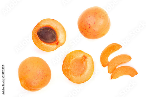 Apricot fruits isolated on white background. Top view. Flat lay pattern