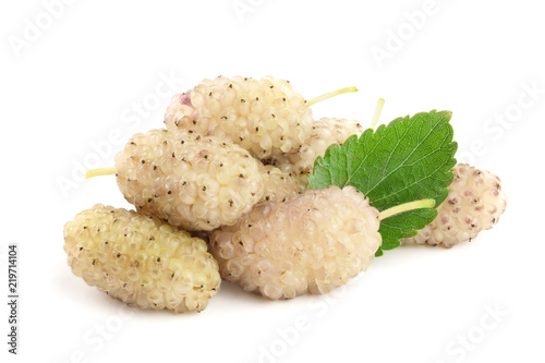 Fresh ripe white Mulberry berry with leaf isolated on white background macro