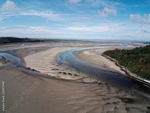 Aerial view, Drone panorama of cape in Portmeirion, Snowdonia mountains in Wales