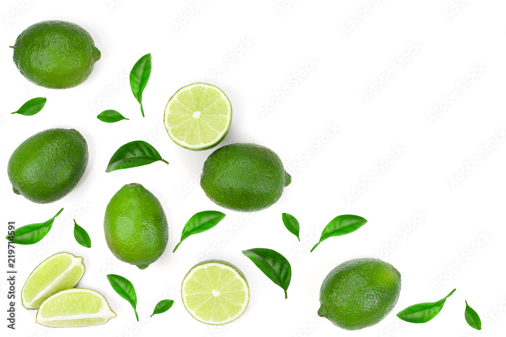 sliced lime vith leaves isolated on white background with copy space for your text. Top view. Flat lay pattern sliced lime vith leaves isolated on white background with copy space for your text. Top view. Flat lay pattern
