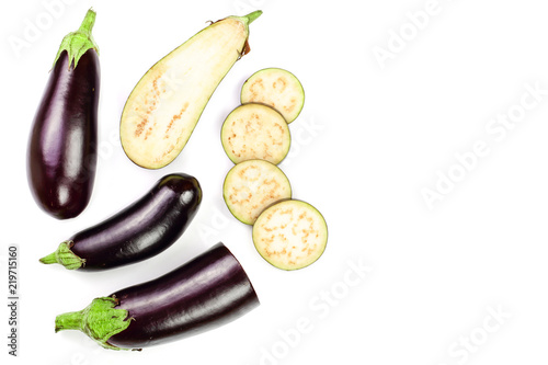 eggplant or aubergine isolated on white background with copy space for your text. Top view. Flat lay pattern
