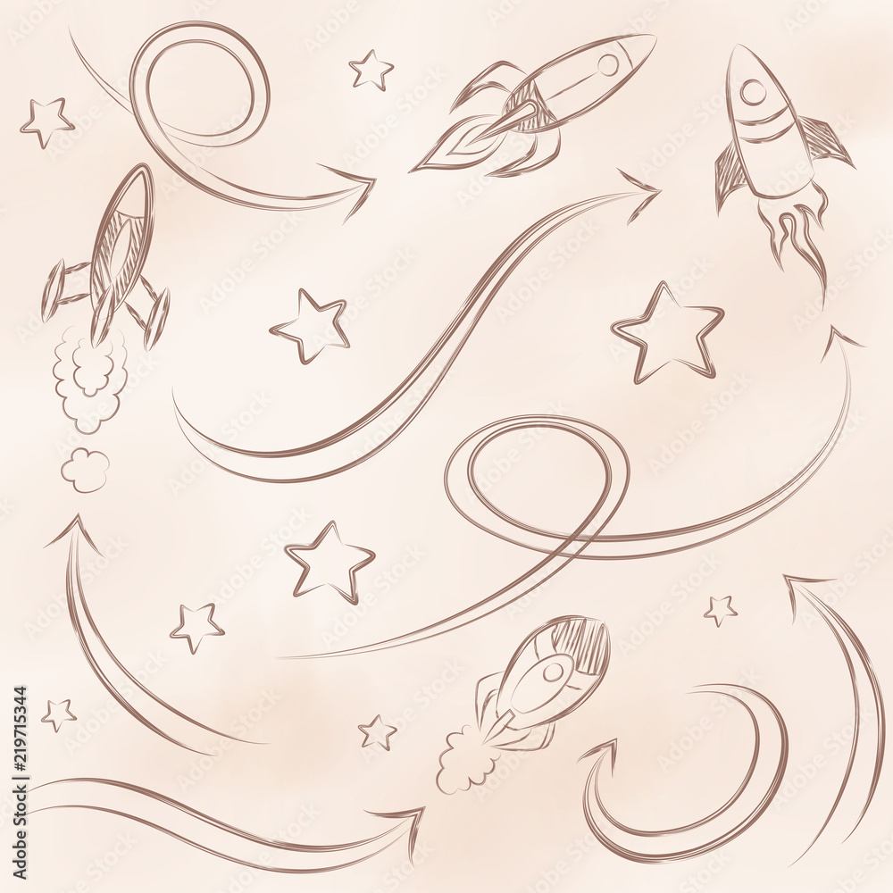 Fototapeta premium Vector illustration hand drawn pencil rocket, star and arrow