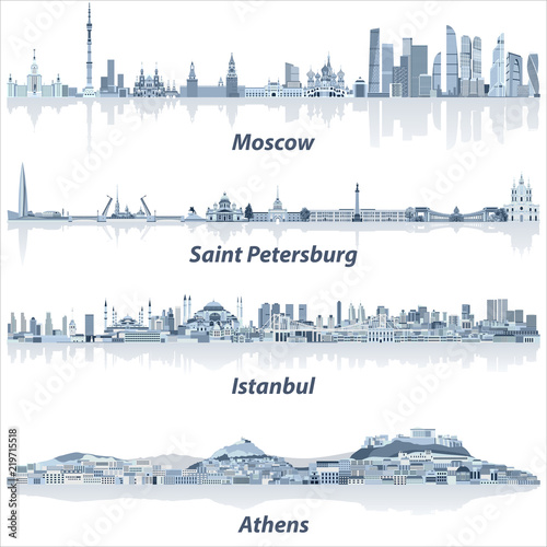 Moscow, Saint Petersburg, Istanbul and Athens vector cities skylines in soft blue color palette