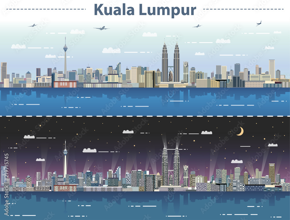 Obraz premium ilustracji wektorowych panoramę Kuala Lumpur w dzień iw nocy