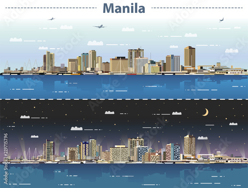 Manila skyline at day and night vector illustration
