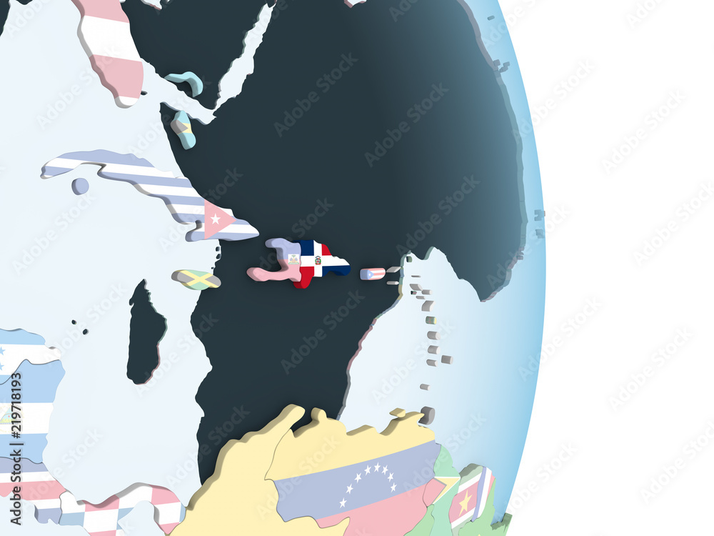 Dominican Republic with flag on globe