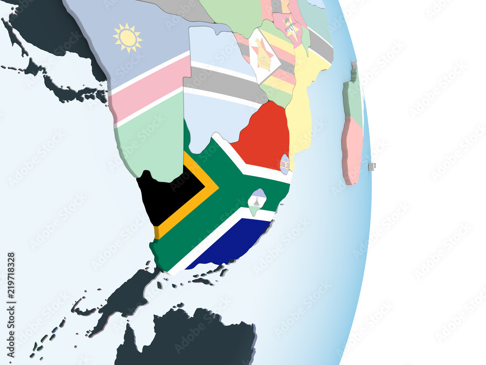 South Africa with flag on globe