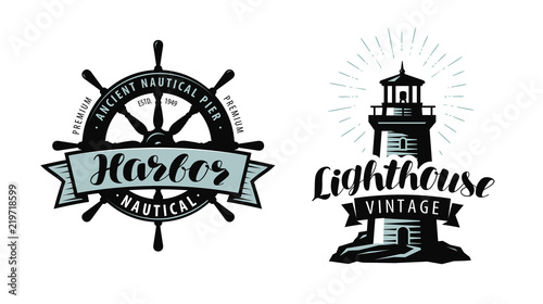 Lighthouse, sea pier, harbour logo or label. Nautical concept. Typographic design vector