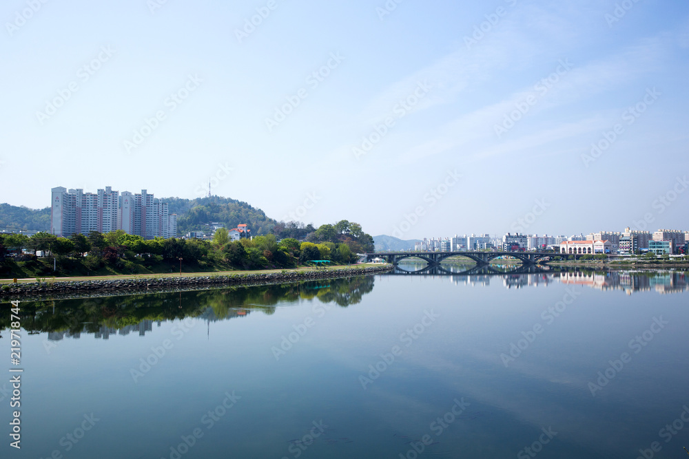 This is Namgang River in front of Jinjuseong Fortress in Korea.