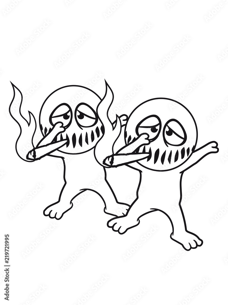 Fototapeta premium 2 freunde team paar dub pose kiffer joint hanf weed stoned rauchen drogen cannabis kreis rund lustig süß neidlich mund fresse monster böse gesicht comic cartoon clipart