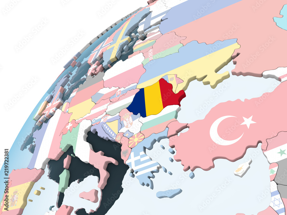 Obraz premium Romania with flag on globe