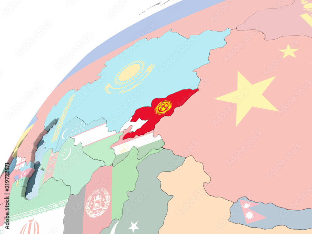 Kyrgyzstan with flag on globe