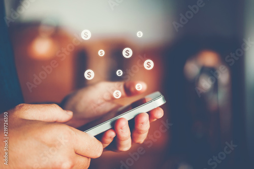 Online banking businessman using smartphone  Fintech and Blockchain concept photo