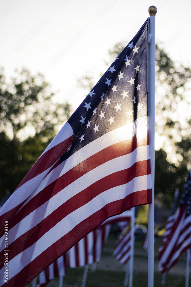 American Flag waving at memorial park in Boise Idaho