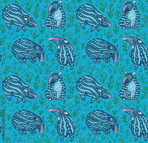 Cartoon tapirs seamless pattern. Blue tapirs with light stripes in the leafs. Vector illustration