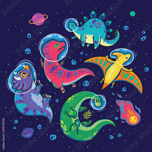 Fototapeta Naklejka Na Ścianę i Meble -  Funny cartoon dinosaur astronauts collection. Vector illustration
