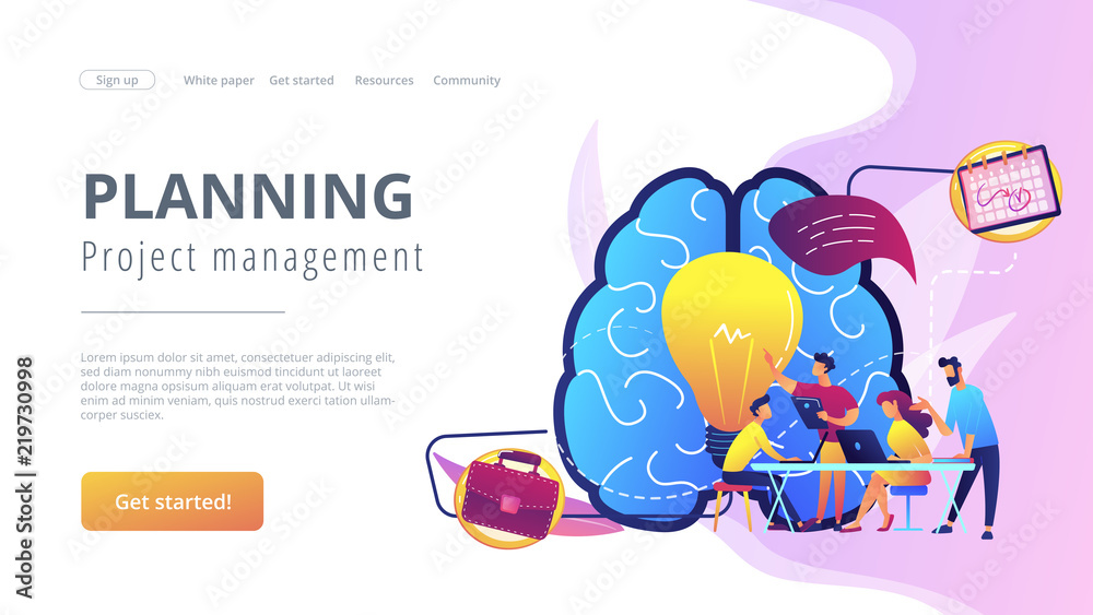 Business team working on project. Project management, business analysis and planning, brainstorming and research, consulting and motivation concept, violet palette. Vector landing page illustration.