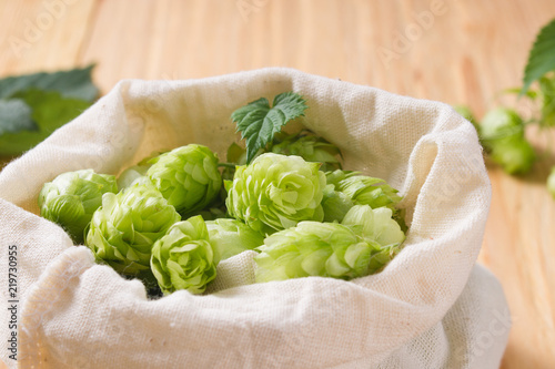 Fresh cones of hops in bag on wooden background. closeup. Ingredient in beer industry. Craft beer brewing. For ale or lager