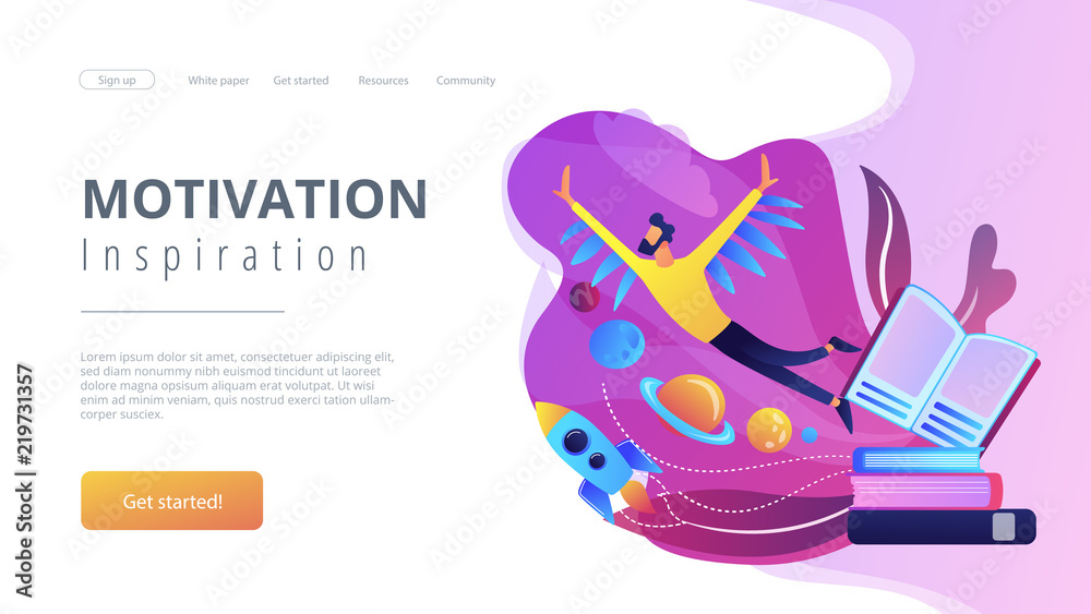 Open book, user flying in space among planets. Motivation and inspiration landing page. Creative thinking, imagination and vision, fantasy and ideas concept, violet palette. Vector illustration. - obrazy, fototapety, plakaty 