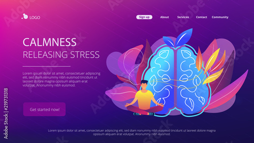 User practicing mindfulness meditation in lotus pose. Calmness and releasing stress concept landing page. Mindful meditating, consciousness and focusing. Vector illustration on ultraviolet background.