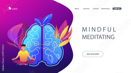 User practicing mindfulness meditation in lotus pose. Mindful meditating concept landing page. Calmness and releasing stress, consciousness and focusing. Vector illustration on ultraviolet background.