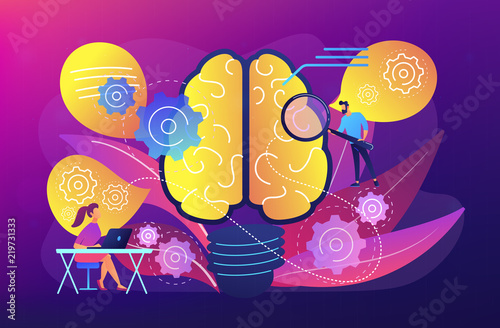 Human brain with gears thinking and users. Creating ideas and thoughts, brainstorming, creativity and business ideas, thinking concept, violet palette. Vector illustration on ultraviolet background.