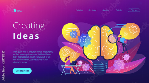 Human brain with gears thinking and users. Creating ideas concept landing page. Thoughts and brainstorming, creativity and business ideas, invention. Vector illustration on ultraviolet background.