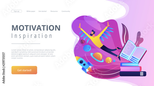 Open book, user flying in space among planets. Motivation and inspiration landing page. Creative thinking, imagination and vision, fantasy and ideas concept, violet palette. Vector illustration.