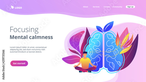 User practicing mindfulness meditation in lotus pose. Focusing and mental calmness landing page. Mindful meditating and self-consciousness, releasing stress, violet palette. Vector illustration.
