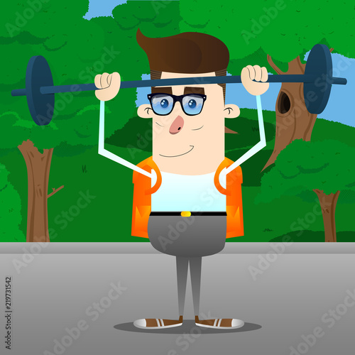 Schoolboy weightlifter lifting barbell. Vector cartoon character illustration.