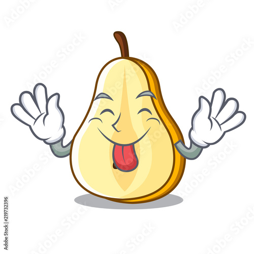 Tongue out sliced fresh juicy pear mascot cartoon