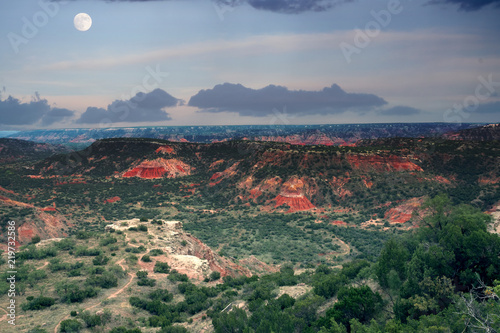 Evening sky with moon in the canyon Palo Duro. State Park, Texas, US