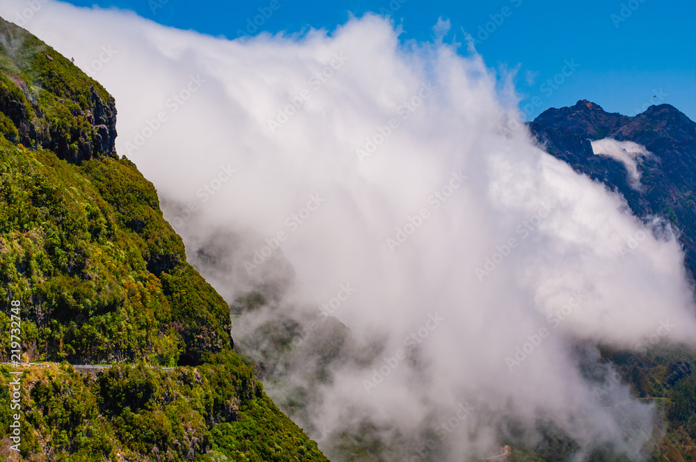 Stunning view with a cloud in the mountains. Madeira. Portugal