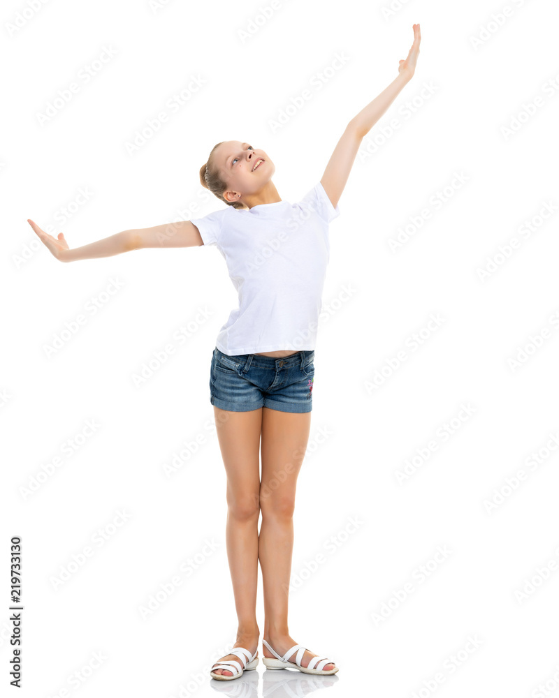 Emotional little girl in a clean white T-shirt. Emotional little girl in a clean white T-shirt.