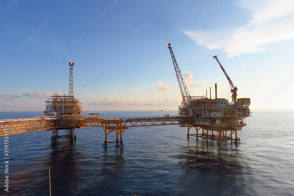 Offshore construction platform for production oil and gas, Oil and gas industry and hard work,Production platform and operation process by manual and auto function, oil and rig industry and operation.