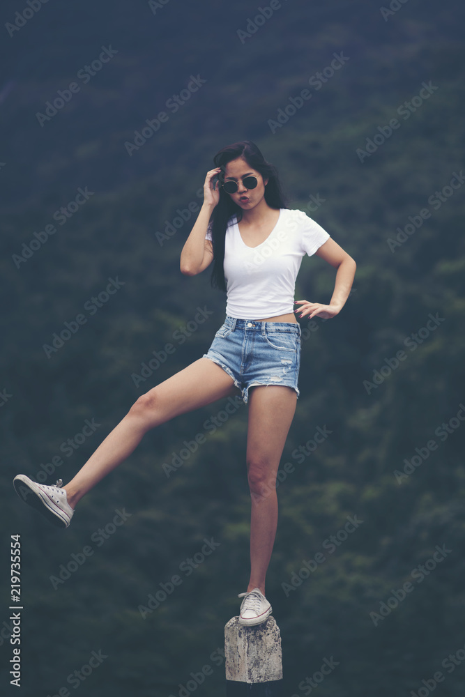 portrait of young beautiful girl woman happy with nature, against background of mountain and forest, nature scene portrait of young beautiful girl woman happy with nature, against background of mountain and forest, nature scene