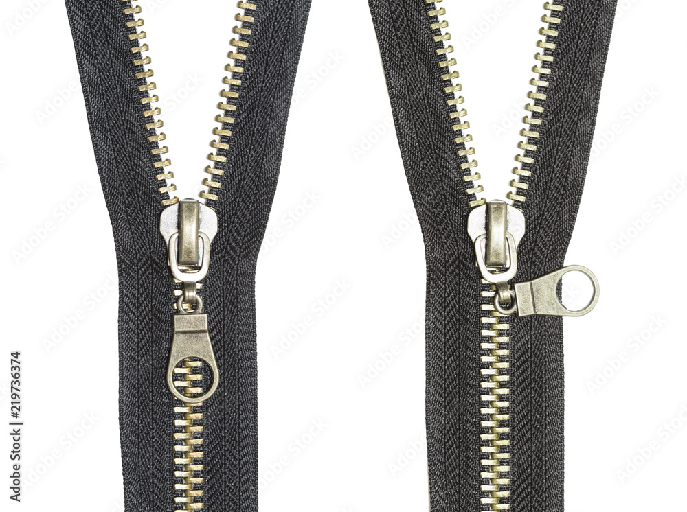 Close-up of a metal zipper on a white background Close-up of a metal zipper on a white background