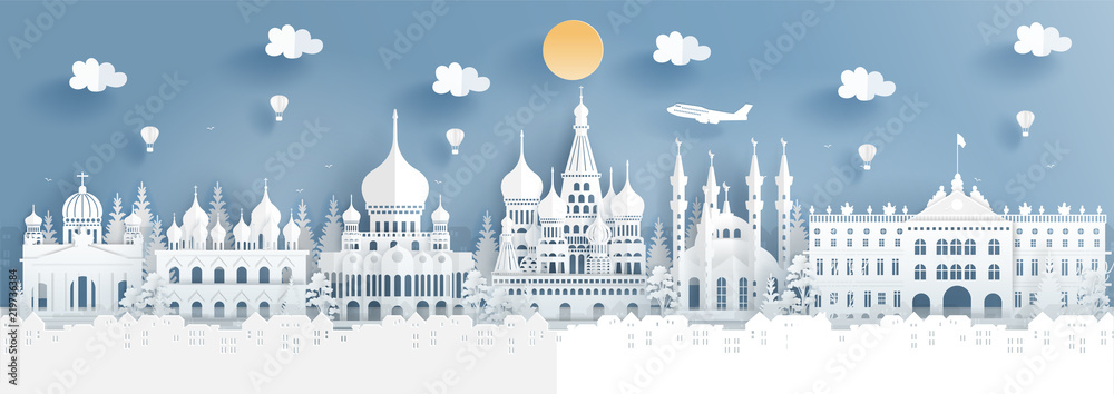 Panorama travel poster of top world famous symbol of Russia in paper cut style vector illustration.