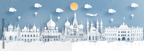 Panorama travel poster of top world famous symbol of Russia in paper cut style vector illustration.
