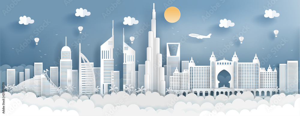 Panorama of top world famous landmark of Dubai for travel poster and postcard, in paper cut style vector illustration.
