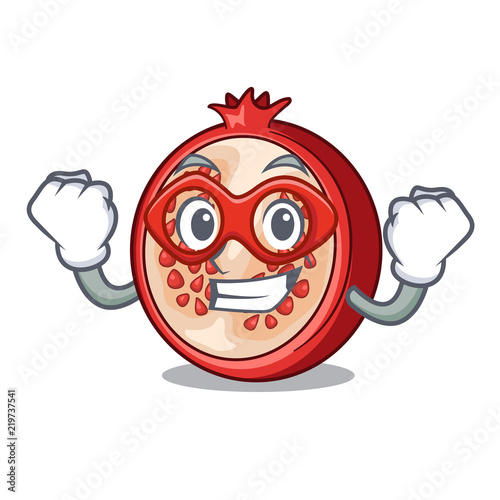 Super hero slice of ripe pomegranate character cartoon