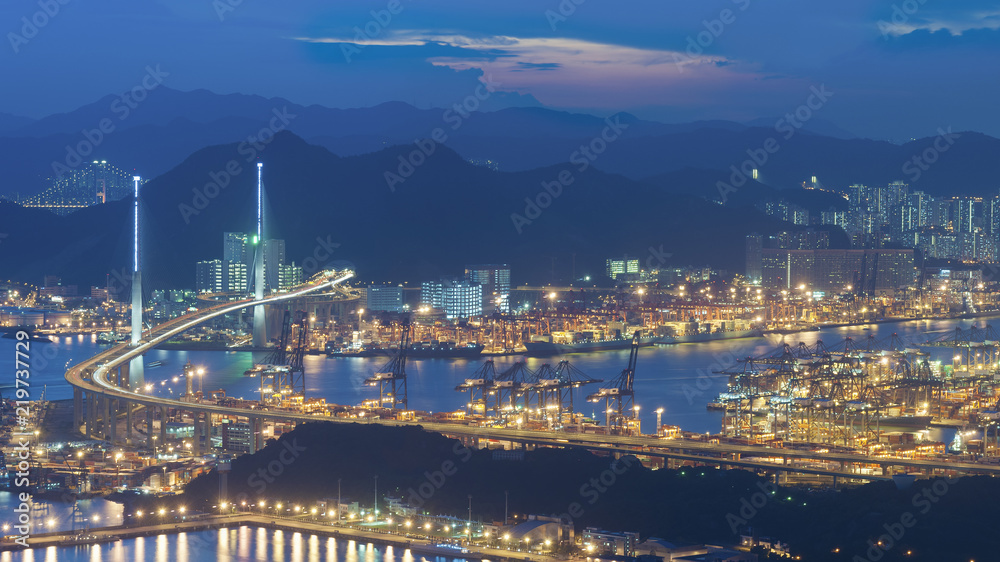 Cargo port and bridge in Hong Kong city