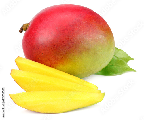 mango slice with green leaves isolated on white background. healthy food.