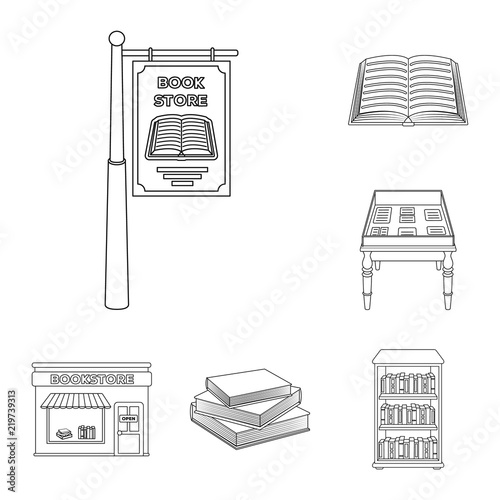 Library and bookstore outline icons in set collection for design. Books and furnishings vector symbol stock web illustration.