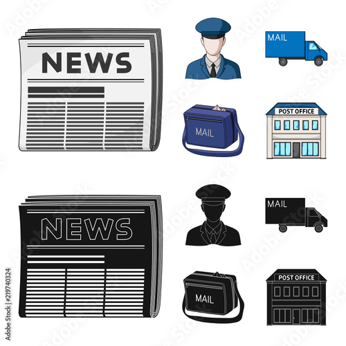The postman in uniform, mail machine, bag for correspondence, postal office.Mail and postman set collection icons in cartoon,black style vector symbol stock illustration web.