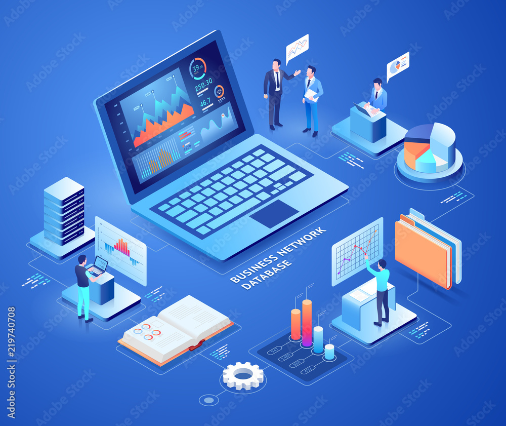 Obraz premium Business network database vector isometric illustrations.