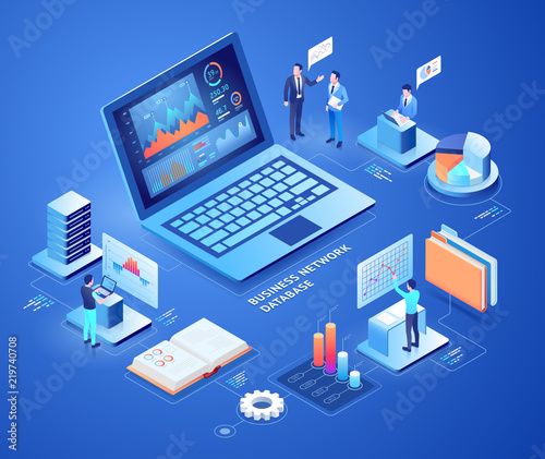Business network database vector isometric illustrations.