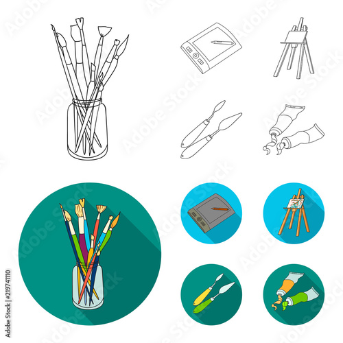 Bank with brushes, a drawing board, an easel with a canvas, paint knives.Artist and drawing set collection icons in outline,flat style vector symbol stock illustration web.